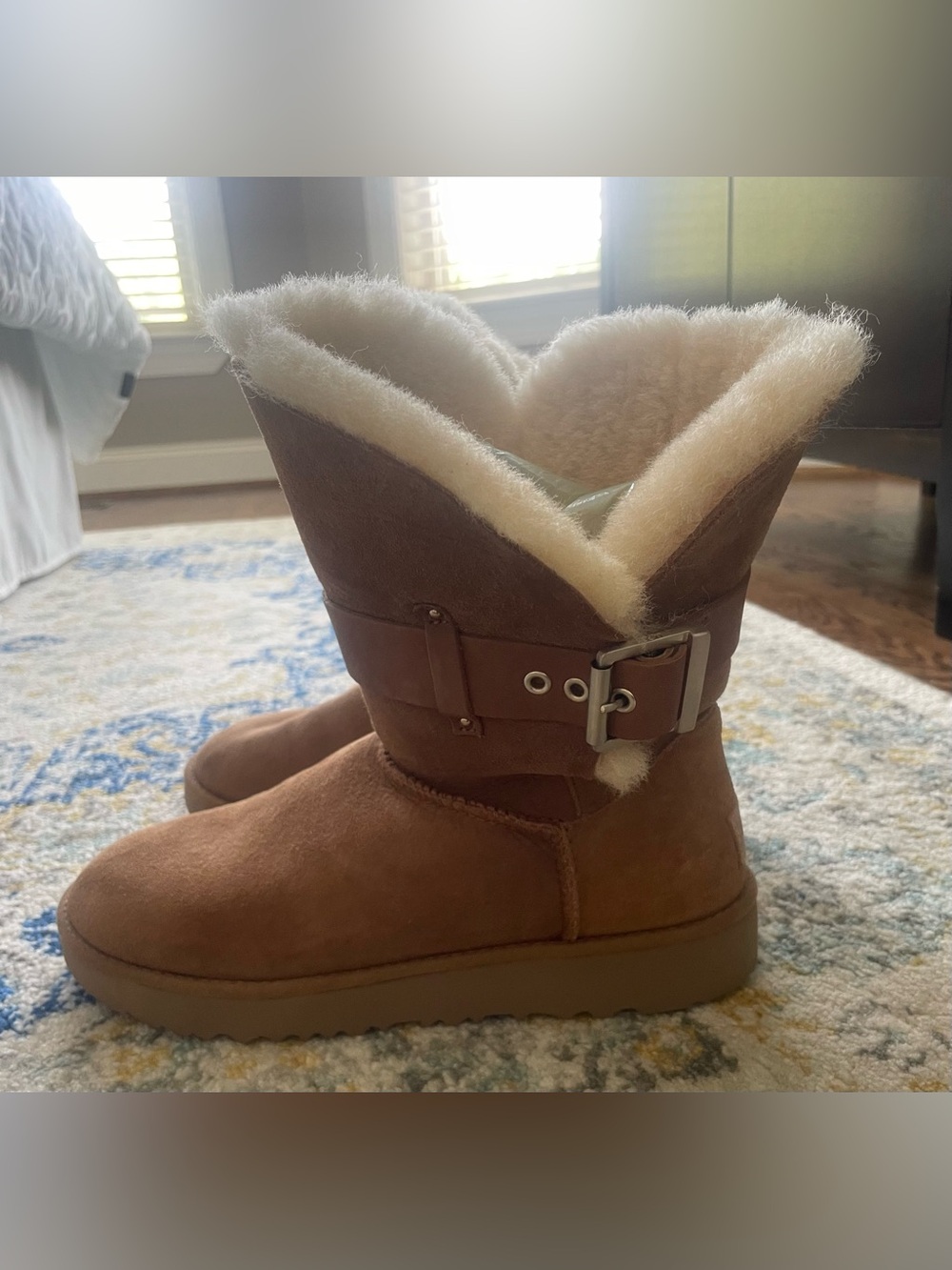 UGG New Without Box- Jaylyn Chestnut Suede Fur Cuff Buckle Ankle Short Boots